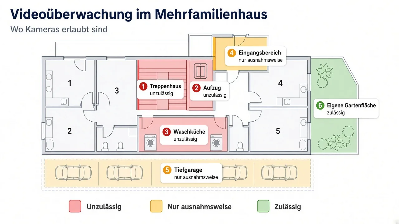 Grafik zeigt, in welchen Bereichen eines Mehrfamilienhauses Videoüberwachung verboten, nur ausnahmsweise erlaubt oder zulässig ist